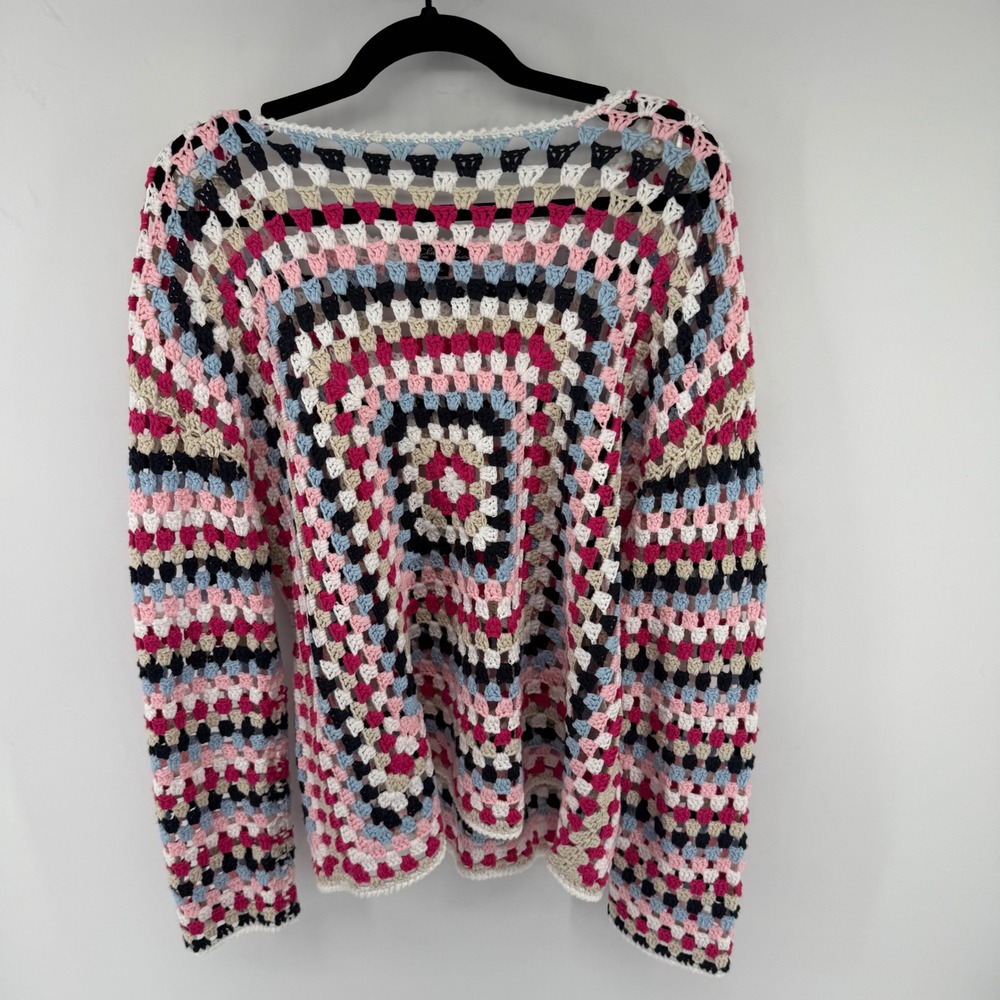 Charlie B Crochet Sweater Womens L Multi Color Acrylic Granny Square Boho Top